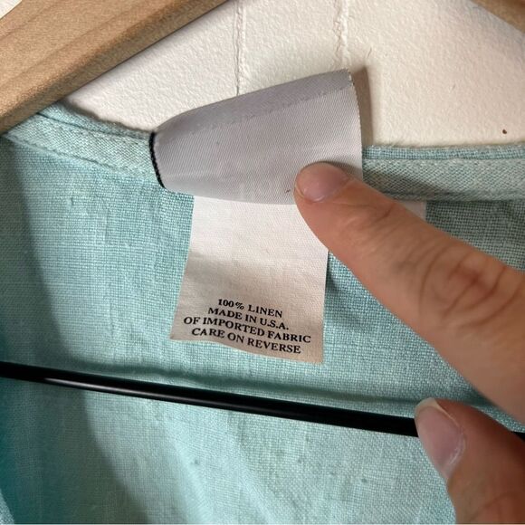 Hot Cotton Linen Baby Blue Aqua Button-Up Long sleeve Shirt Ruffle Hem XL - Picture 4 of 8